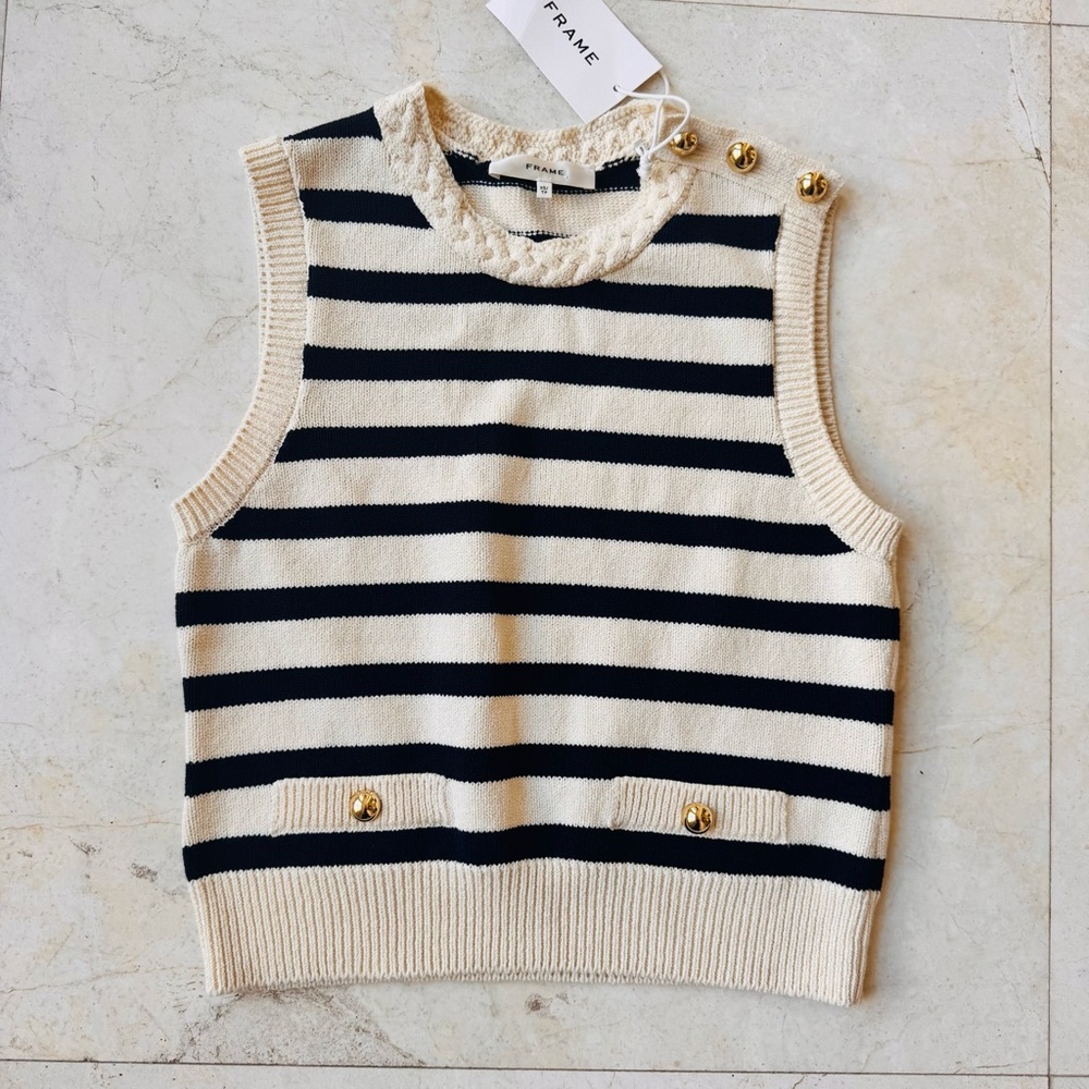 Frame The Harbor Vest Stripped Sleeveless Knit Top - Navy and Cream size XS - Picture 5 of 14